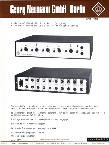 Neumann Prospekt V442 Mikrofonsplitter 1983 deutsch
