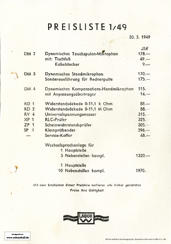 Sennheiser Labor W Preisliste 1949 deutsch
