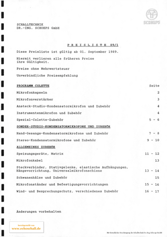 Schoeps Preisliste Mikrofone 1989 deutsch