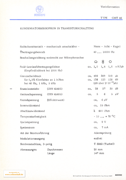 Schoeps Prospekt CMT46 Mikrofon 1966 deutsch