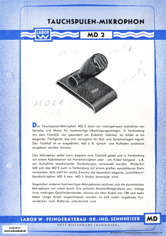 Sennheiser (Labor W) Prospekt MD2 Mikrofon 1953 deutsch