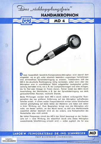 Sennheiser (Labor W) Prospekt MD4 Mikrofon 1953 deutsch