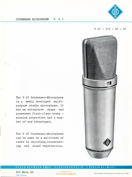 Neumann Brochure U67 Microphone 1966