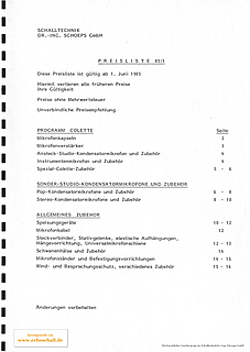 Schoeps Preisliste Mikrofone 1985 deutsch
