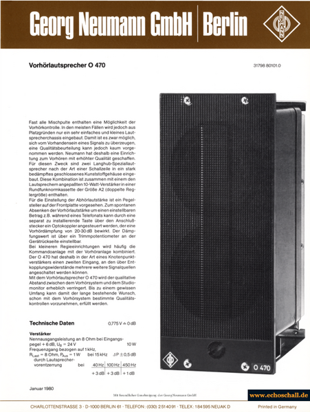 Neumann Prospekt O470 Vorhörlautsprecher 1980 deutsch