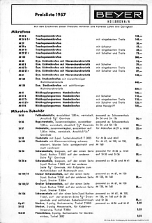 Beyer Preisliste 1957 deutsch