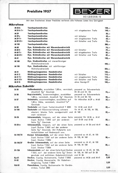 Beyer Preisliste 1957 deutsch