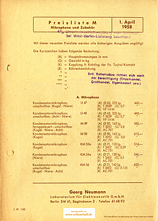 Neumann Preisliste Mikrofone 1958 deutsch