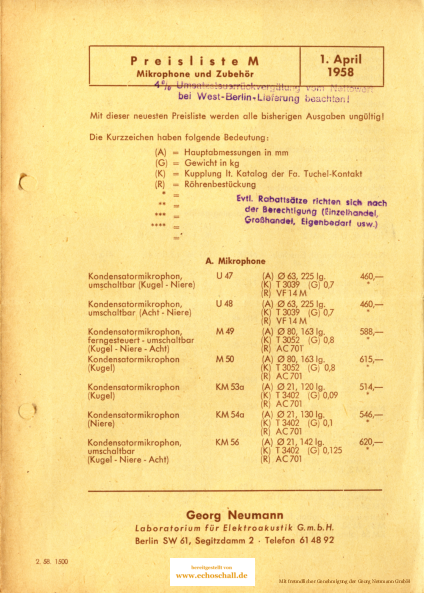 Neumann Preisliste Mikrofone 1958 deutsch