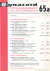 Dynacord Preisliste Fertigungsübersicht 1965 deutsch