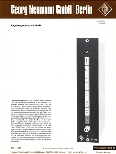 Neumann Prospekt H480B Pegeltongenerator 1981 deutsch