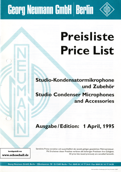 Neumann Preisliste Mikrofone Price List Microphones 1995 deutsch english