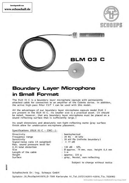 Schoeps Brochure BLM03C Boundary Layer Microphone in small Format 1986 english