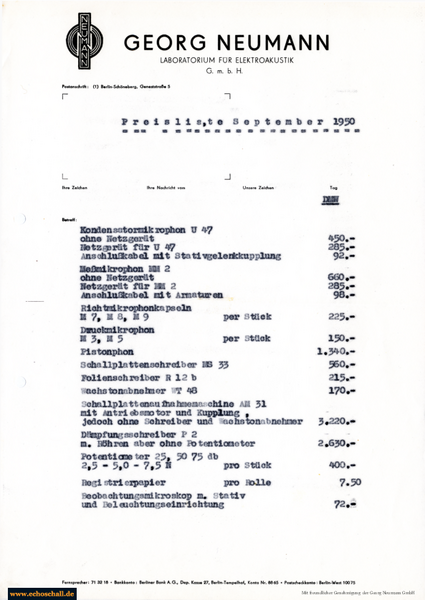 Neumann Preisliste Gesamtprogramm 1950 deutsch