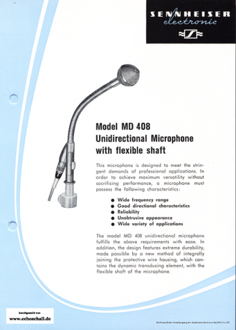 Sennheiser Brochure MD408 Gooseneck Microphone 1966 english