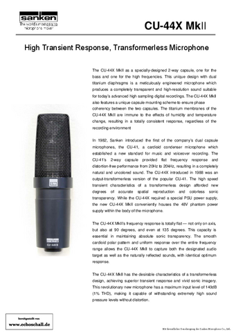 Sanken Brochure CU-44BX MK2 2 Way Capsule Microphone 2012 english