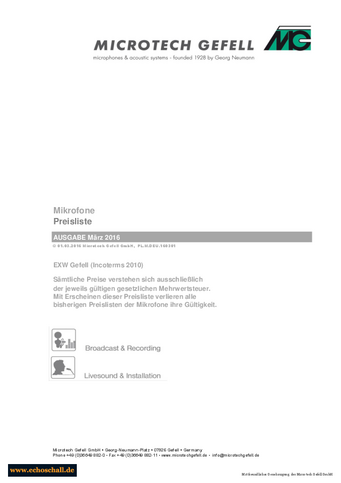 [Translate to Englisch:] Microtech Gefell Preisliste Mikrofone 2016 deutsch