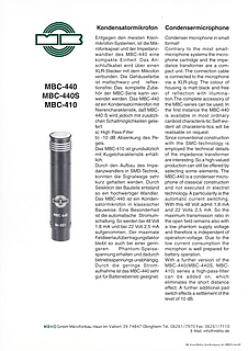 MBHO Prospekt MBC440 MBC410 Kleinmembranmikrofon 1994 deutsch english