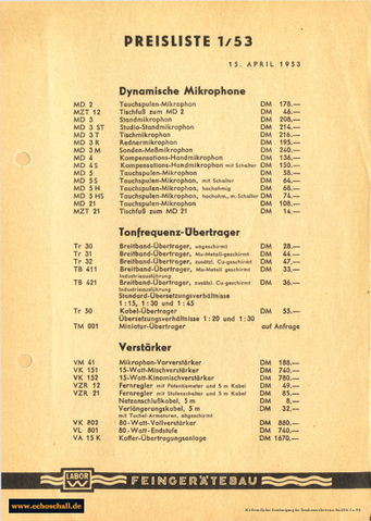 Sennheiser Labor W Preisliste 1953 deutsch