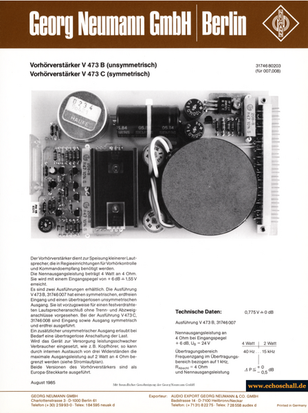 Neumann Prospekt V473 Vorhörverstärker 1985 deutsch