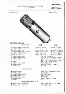 Neumann Prospekt U47 Röhrenmikrofon 1958 deutsch