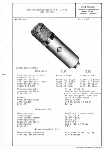 Neumann Prospekt U47 Röhrenmikrofon 1958 deutsch