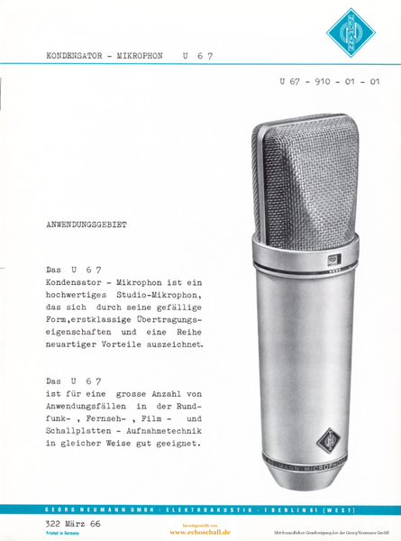 Neumann Prospekt U67 Mikrofon 1966 deutsch