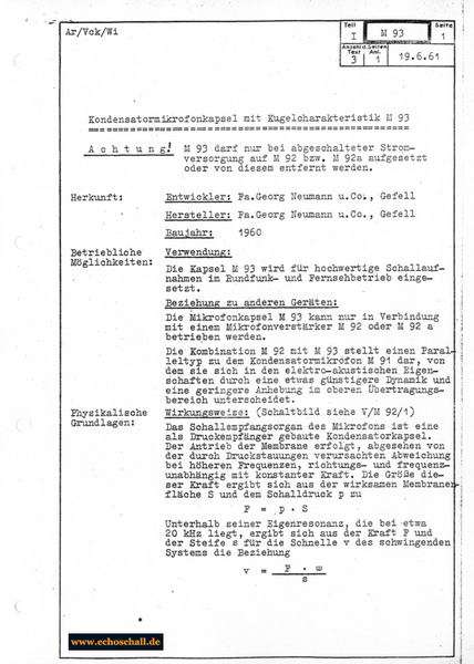 Neumann Gefell Typenblatt M93 Mikrofonkapsel 1961 deutsch