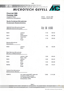 Microtech Gefell Preisliste Mikrofone 1999 deutsch english