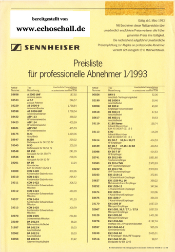 Sennheiser Preisliste Pro 1993 deutsch