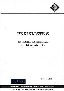 Neumann Preisliste Schallplattentechnik 1963 deutsch