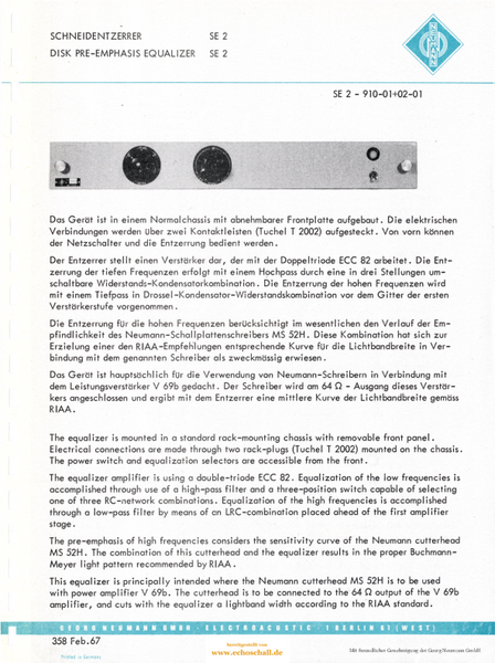 Neumann Prospekt Brochure SE2 Schneidentzerrer Disk Pre-Emphasis Equalizer 1967 deutsch english