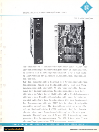 Neumann Prospekt TTMV Tonmesserverstärker 1963 deutsch