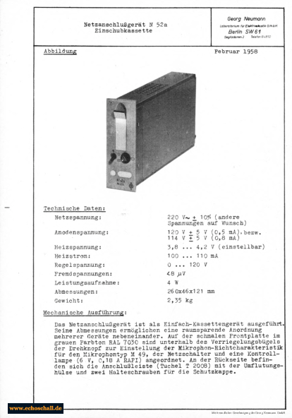Neumann Prospekt N52a Netzteil fuer M49 M50 1958 deutsch