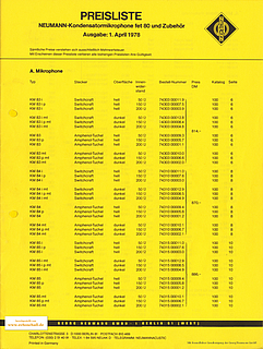 Neumann Preisliste Mikrofone 1978 deutsch