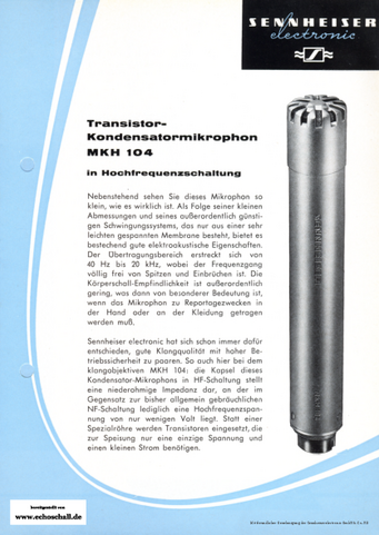 Sennheiser Prospekt MKH104 HF-Kondensatormikrofon 1963 deutsch