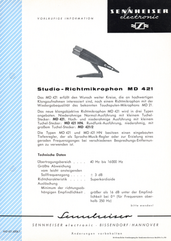Sennheiser Prospekt MD421 Studio-Richtmikrofon Prototyp 1960 deutsch