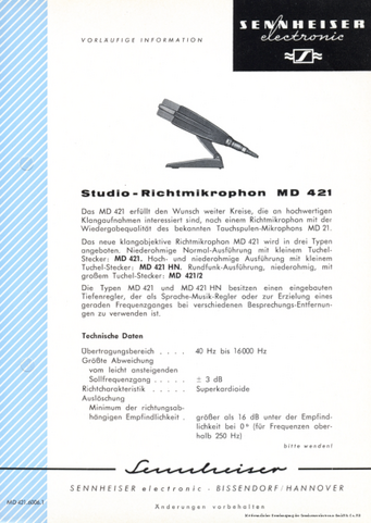 Sennheiser Prospekt MD421 Studio-Richtmikrofon Prototyp 1960 deutsch