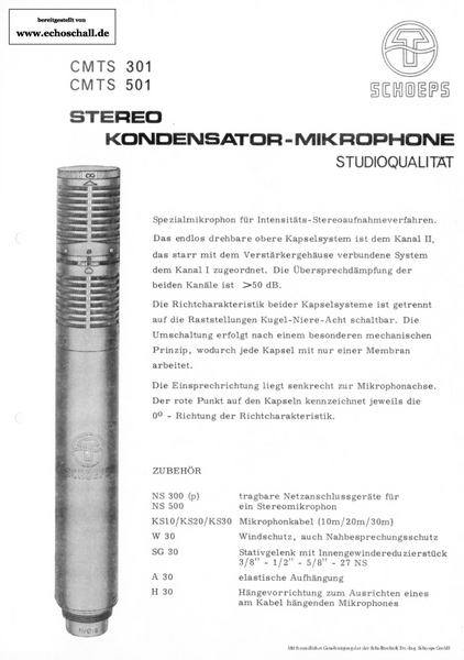 Schoeps Prospekt CMTS501 CMTS301 Stereomikrofone 1979 deutsch