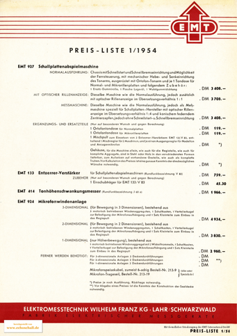 EMT Preisliste 1954 deutsch