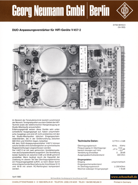 Neumann Prospekt V457-2 Duo-Anpassungsverstärker für HiFi-Geräte 1980 deutsch