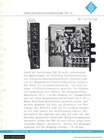 Neumann Prospekt TMV60 Mic Preamp 1963 deutsch