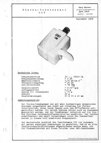 Neumann Prospekt DST Stereo-Tonabnehmer 1958 deutsch