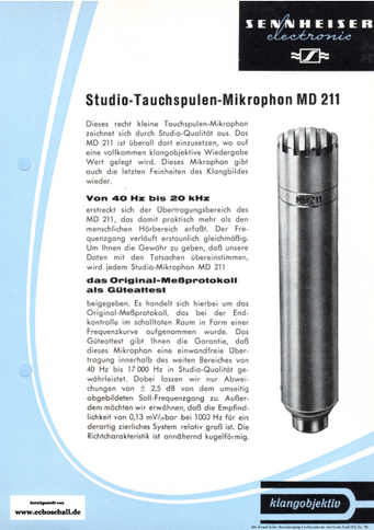 Sennheiser Prospekt MD211 Studio-Tauchspulenmikrofon 1962 deutsch