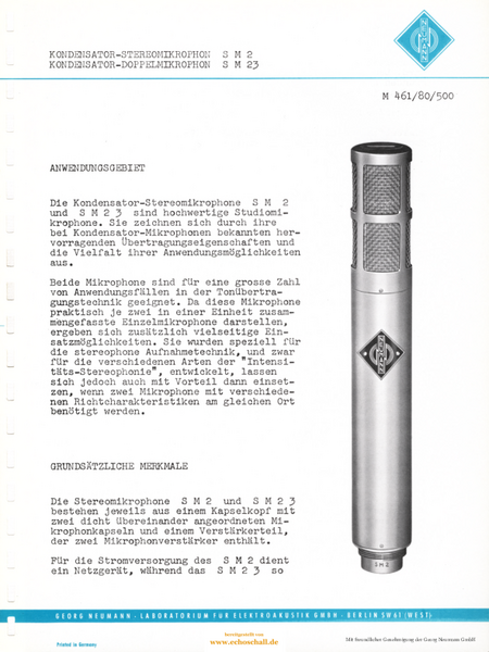 Neumann Prospekt SM2 SM23 Stereo-Röhrenmikrofone 1961 deutsch
