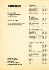 Shure Preisliste Phono-Erzeugnisse und Mikrofone 1965 deutsch