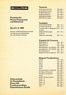 Shure Preisliste Phono-Erzeugnisse und Mikrofone 1965 deutsch