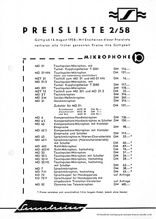 Sennheiser Preisliste 2/1958 deutsch
