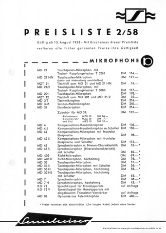 Sennheiser Preisliste 2/1958 deutsch