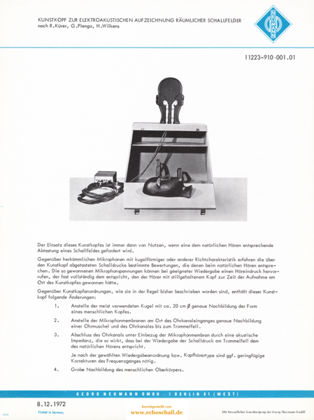 Neumann Prospekt KU80 Kunstkopf-Mikrofon 1972 deutsch